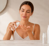 mujer con cosméticos en envases airless