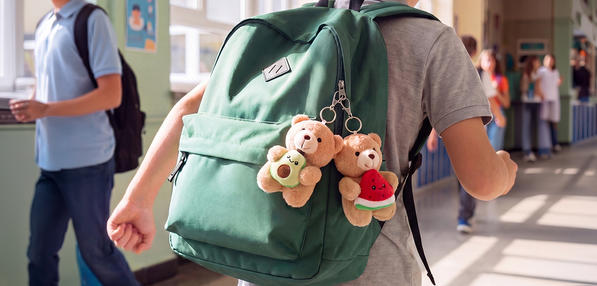 Osito con llavero en una mochila infantil