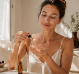 Mujer aplicándose antioxidantes en verano
