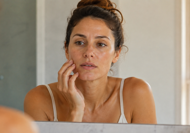 Mujer mirando su rostro con acne después del verano
