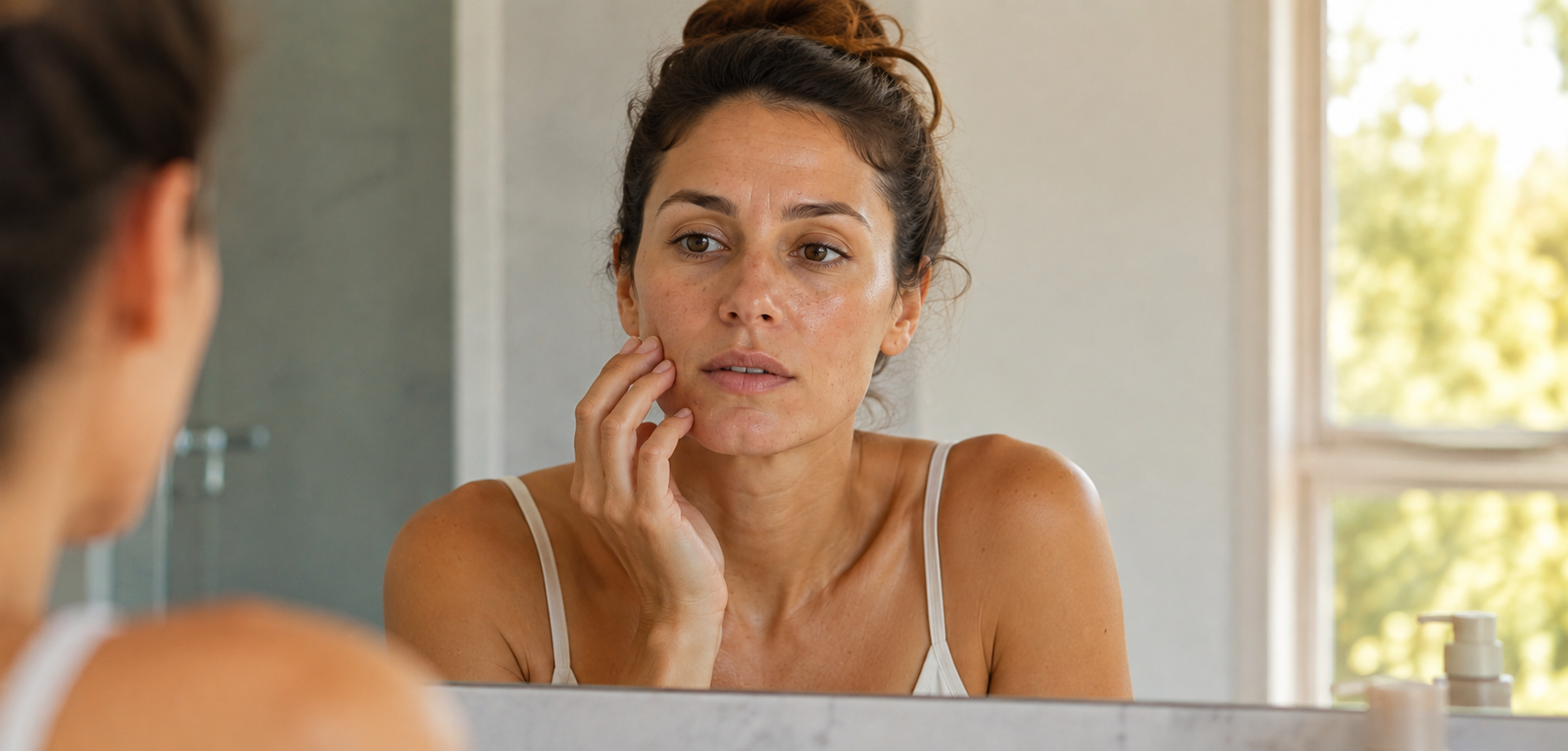 Mujer mirando su rostro con acne después del verano